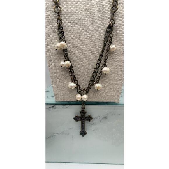 Copper Tone Double Layer Cross And Pearl Necklace With Leather Boho - Picture 1 of 5